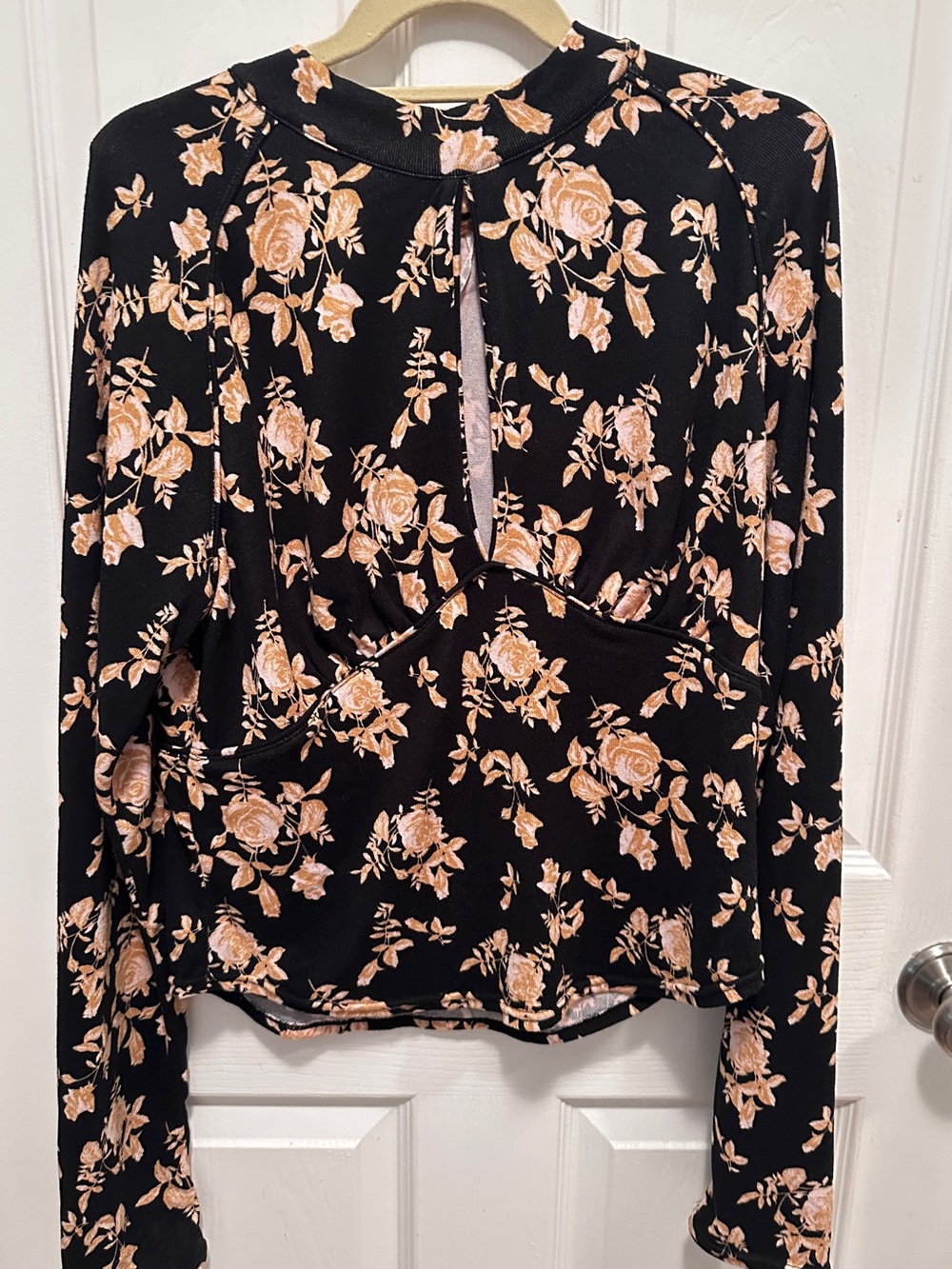Free People Black Long-Sleeve Floral Keyhole Top with Peach Roses